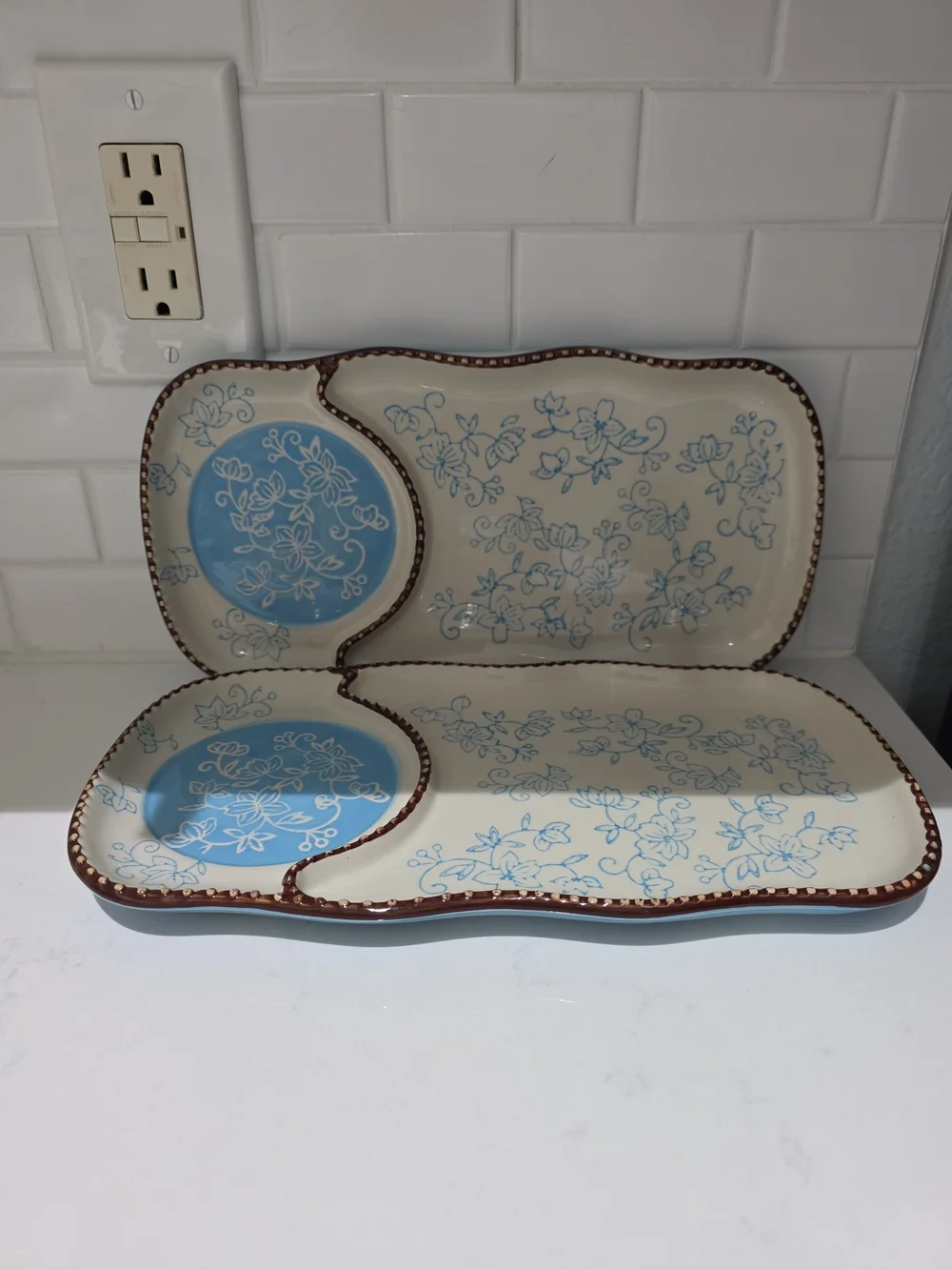 Temp-Tations Blue and Cream Ceramic Divided Server Set Of 2